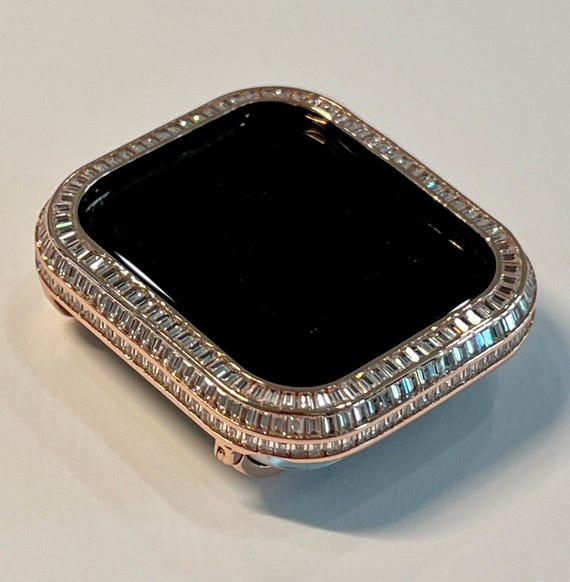 New Apple Watch case in Rose gold with 3 rows of lab diamond baguettes 14k Rose Gold Apple Watch Watch Case Rose Gold and Baguette  main image 4