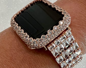 Luxury Apple Watch Band Woman Baguette and Radiant Cut Swarovski Crystals Rose Gold & or Apple Watch Cover Lab Diamond Bezel 38mm-49mm Ultra