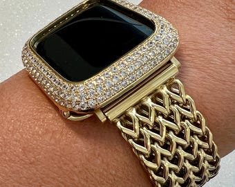 Gold Apple Watch Band Stainless Steel Womens Iphone Watch Bracelet & or Apple Watch Case Lab Diamond Bezel 38mm-49mm Ultra Iwatch Candy