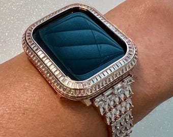 Rose Gold Apple Watch Band Women Swarovski Crystals Baguettes & or Apple Watch Cover Lab Diamond Bezel Apple Watch Case Iwatch Candy Bling