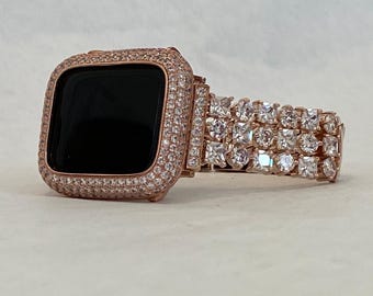 Rose Gold Apple Watch Band Swarovski Crystal Iphone Band & or Apple Watch Cover Lab Diamond Bezel Case Bling 38mm-49mm Series 10