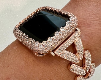 Pave Apple Watch Band Woman Rose Gold Swarovski Crystal Heart Charm & or Apple Watch Case Lab Diamond Bezel 38mm-49mm Iphone Watch Cover