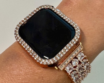 Series 10 Apple Watch Band Rose Gold Swarovski Crystals & or Apple Watch Cover 38mm-49mm Protective Apple Watch Face Iphone Watch Case Bling