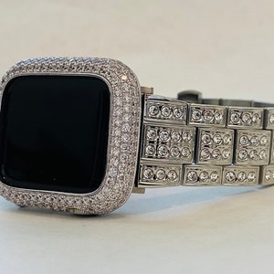 Apple Watch Band Stainless Steel Silver Swarovski Crystals & or Apple Watch Cover Lab Diamond Bezel Iphone Watch Case 38mm-49mm Ultra