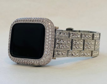 Apple Watch Band Stainless Steel Silver Swarovski Crystals & or Apple Watch Cover Lab Diamond Bezel Iphone Watch Case 38mm-49mm Ultra
