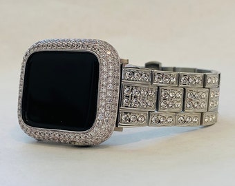 Apple Watch Band Silver  Crystals & or Apple Watch Cover Lab Diamond Bezel Case 38 40 41 42 44 45 49mm Ultra Smartwatch Bling