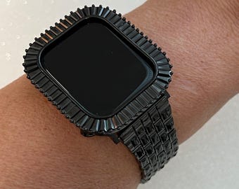 Designer Black Apple Watch Band Swarovski Crystal Baguettes 41mm 45mm & or Apple Watch Case Baguette Lab Diamond Bezel Apple Watch Cover