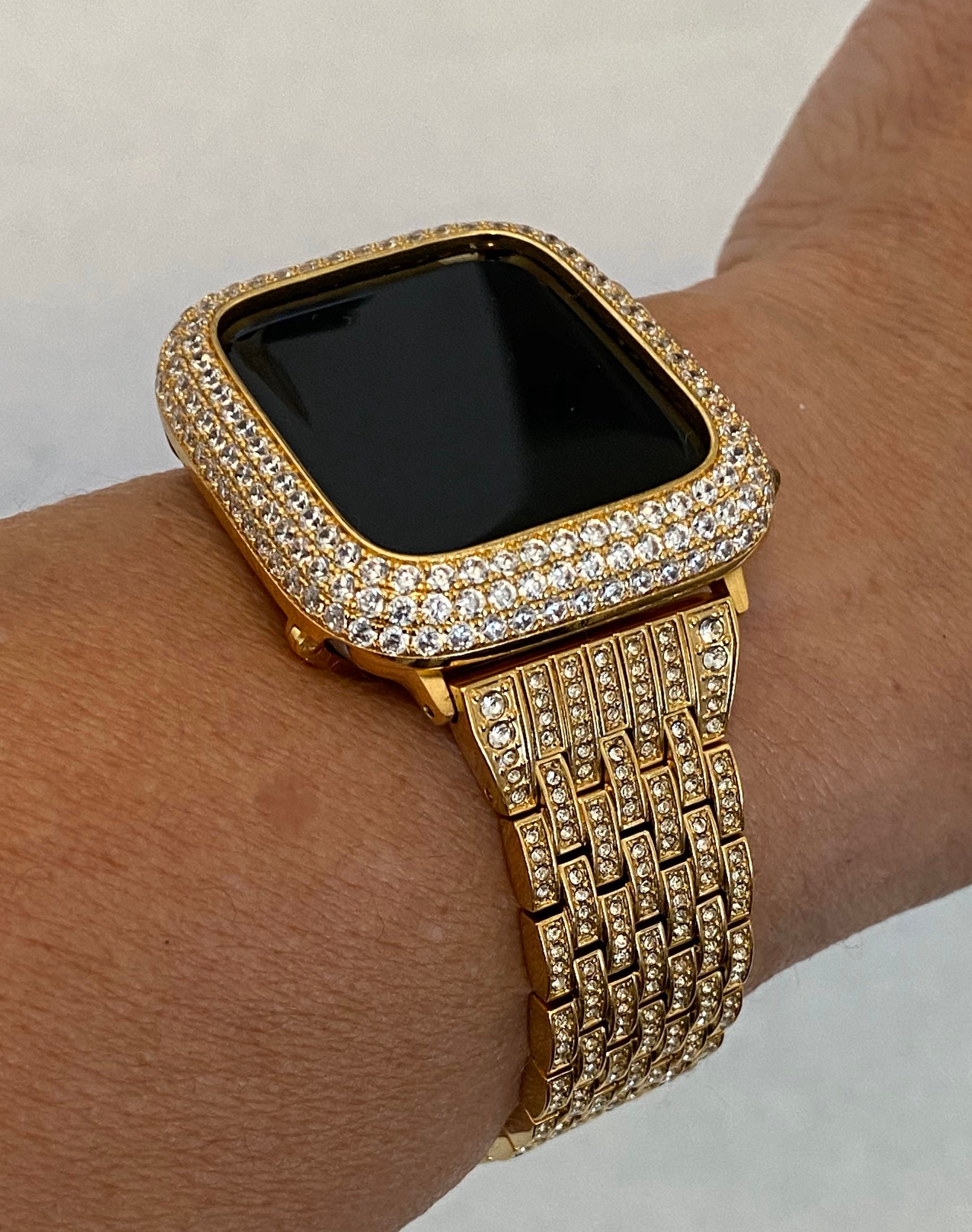 Gold Apple Watch Band Womens and or Apple Watch Bezel Lab Diamond Cover Iwatch Bling gb1