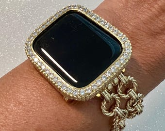 Gold Chain Apple Watch Band, Iphone Watch Bracelet & or Apple Watch Case Lab Diamond Bezel Iwatch Cover 39mm-49mm Ultra Series 2-10 SE