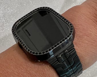 Ultra Apple Watch Band 49mm Black Stainless Steel Band & or Apple Watch Cover Black Crystals Smartwatch Case Bling