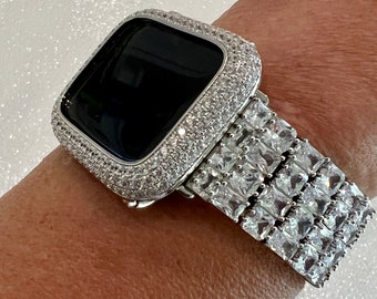 Custom Apple Watch Band Woman Baguette -Radiant  Crystals Silver & or Apple Watch Case Lab Diamond Bezel 38mm-49mm Apple Watch Case