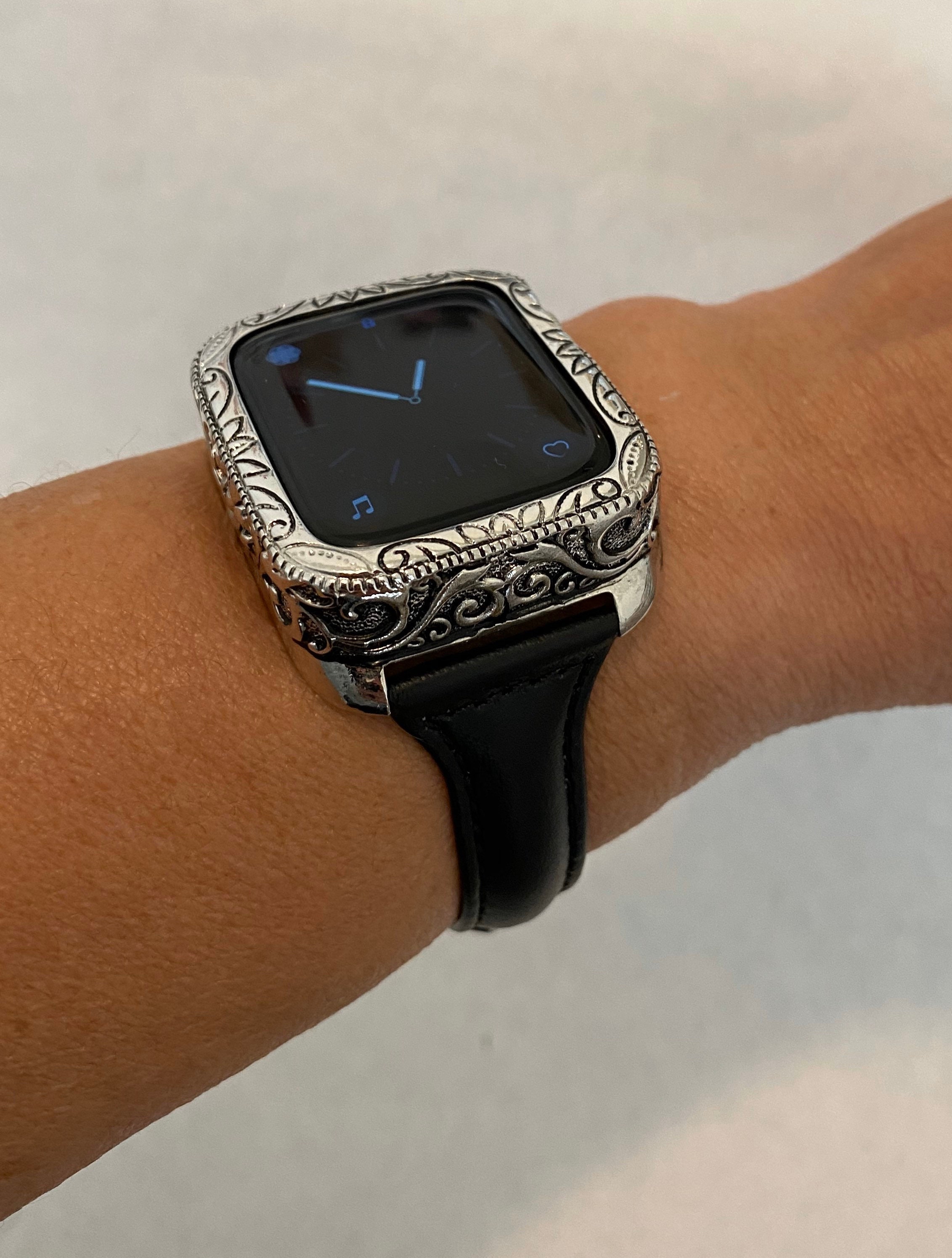 Engraved Apple Watch Bezel Cover Silver and or Black Leather | Etsy