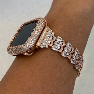 Boho Bride Apple Watch Band 38mm Rose Gold and or Lab Diamond Bezel Iwatch Bling 40mm 42mm 44mm Series 9 41mm 45mm 49mm Ultra image 4