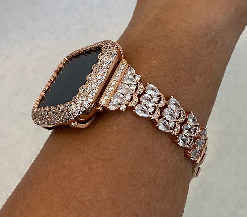 Boho Bride Apple Watch Band 38mm Rose Gold and or Lab Diamond Bezel Iwatch Bling 40mm 42mm 44mm Series 9 41mm 45mm 49mm Ultra image 4