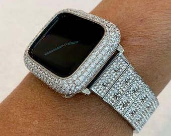 Silver Apple Watch Band 49mm Ultra Pave Swarovski Crystal & or Apple Watch Cover White Gold Lab Diamond Bezel Iphone Case Bling 38mm-49mm