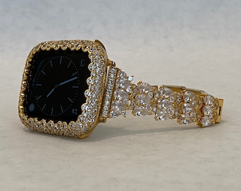 Designer Apple Watch Band Women Gold Swarovski Crystal & or Apple Watch Case Pave Lab Diamond Bezel Cover 38mm-49mm Smartwatch Bumper Bling