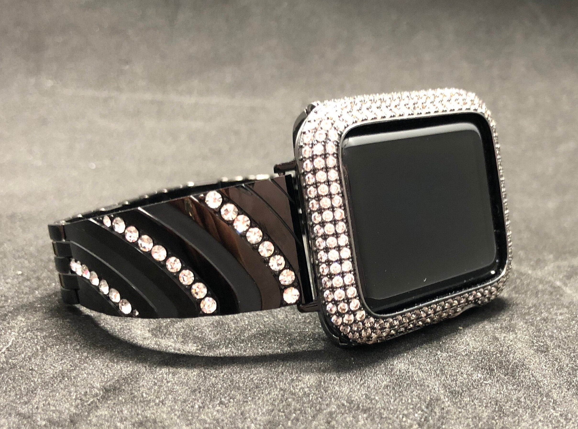 Black Apple Watch Band 42mm 44mm Womens Stainless Steel Crystal