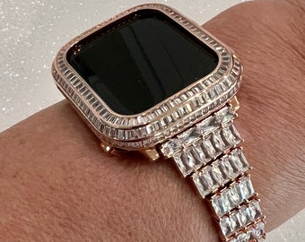 Apple Watch Band Women Designer  Crystal Baguette Rose Gold 40mm 41mm 44mm 45mm & or Apple Watch Cover Lab Diamond Bezel Bling