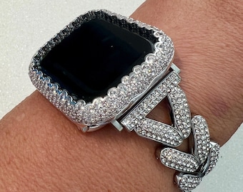 Apple Watch Band Woman Silver Swarovski Crystal Chain Heart & or Apple Watch Case Lab Diamond Bezel 38mm-49mm Ultra Apple Watch Cover Bling
