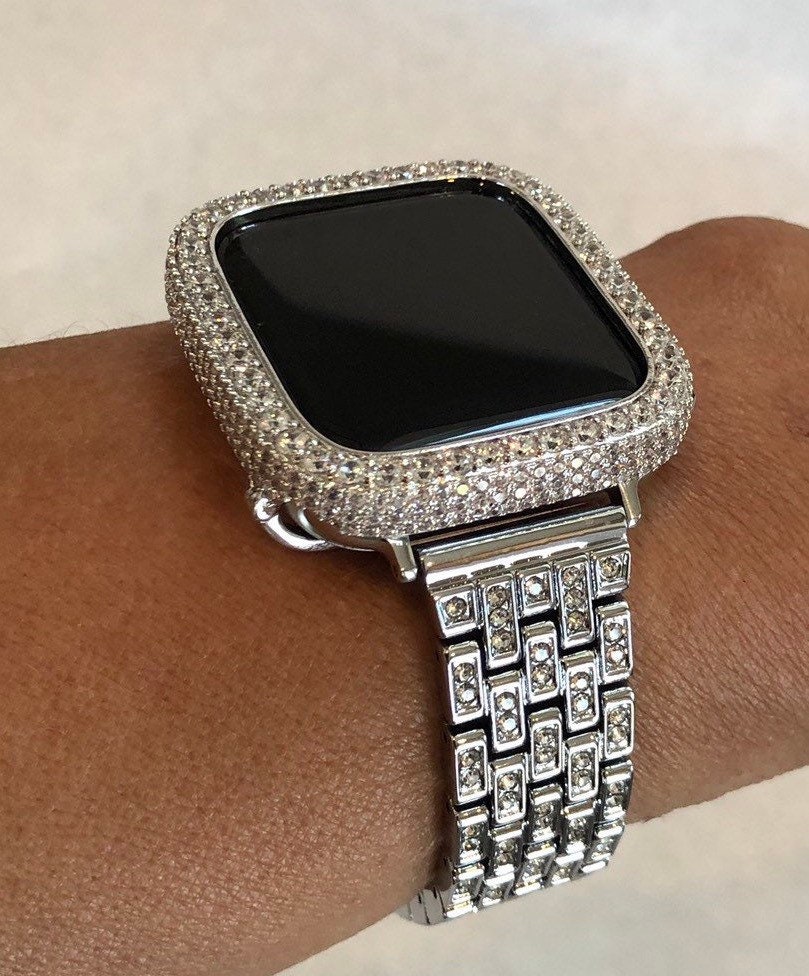 Silver Apple Watch Band 38mm-44mm Series 6 and or 2.5mm Lab Diamond Bezel Cover Iwatch Bling sb1