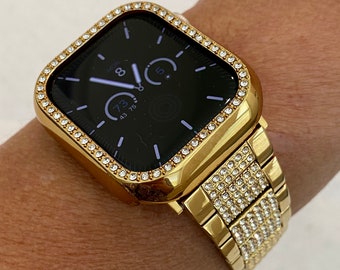 41mm 45mm 49mm Gold Apple Watch Band Ultra Series 7,8,9 & or Swarovski Crystal Apple Watch Cover Smartwatch Bumper Bling