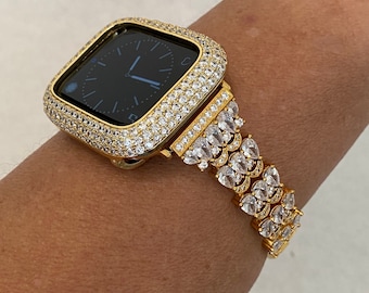 Apple Watch Band Women's Gold  Crystals 41mm 45mm 49mm Ultra & or Pave Lab Diamond Bezel Bumper Bling 38mm 40mm 42mm 44mm Han..