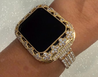 Gold Apple Watch Band Women Swarovski Crystals & or Flower Apple Watch Case for Iphone Watch 41mm-46mm Smartwatch Bumper Case Bling