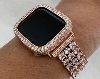 Apple Watch Band Women Rose Gold Swarovski Crystal 38mm-49mm Series 10  & or Apple Watch Cover Lab Diamond Apple Watch Bezel Bling