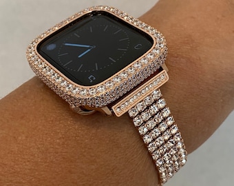 Apple Watch Band Series 10 Rose Gold Swarovski Crystals & or Apple Watch Cover Lab Diamond Bezel Case Smartwatch Bumper Bling 38mm-49mm