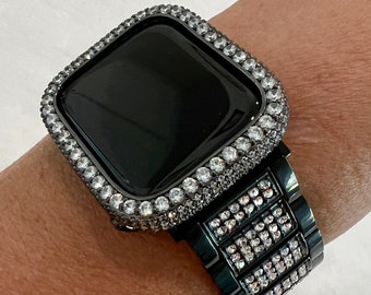Black Apple Watch Band 38mm 40mm 41mm 42mm 44mm 45mm & or Lab Diamond Bezel Cover Smartwatch Bumper Case Bling Series 1-8 SE