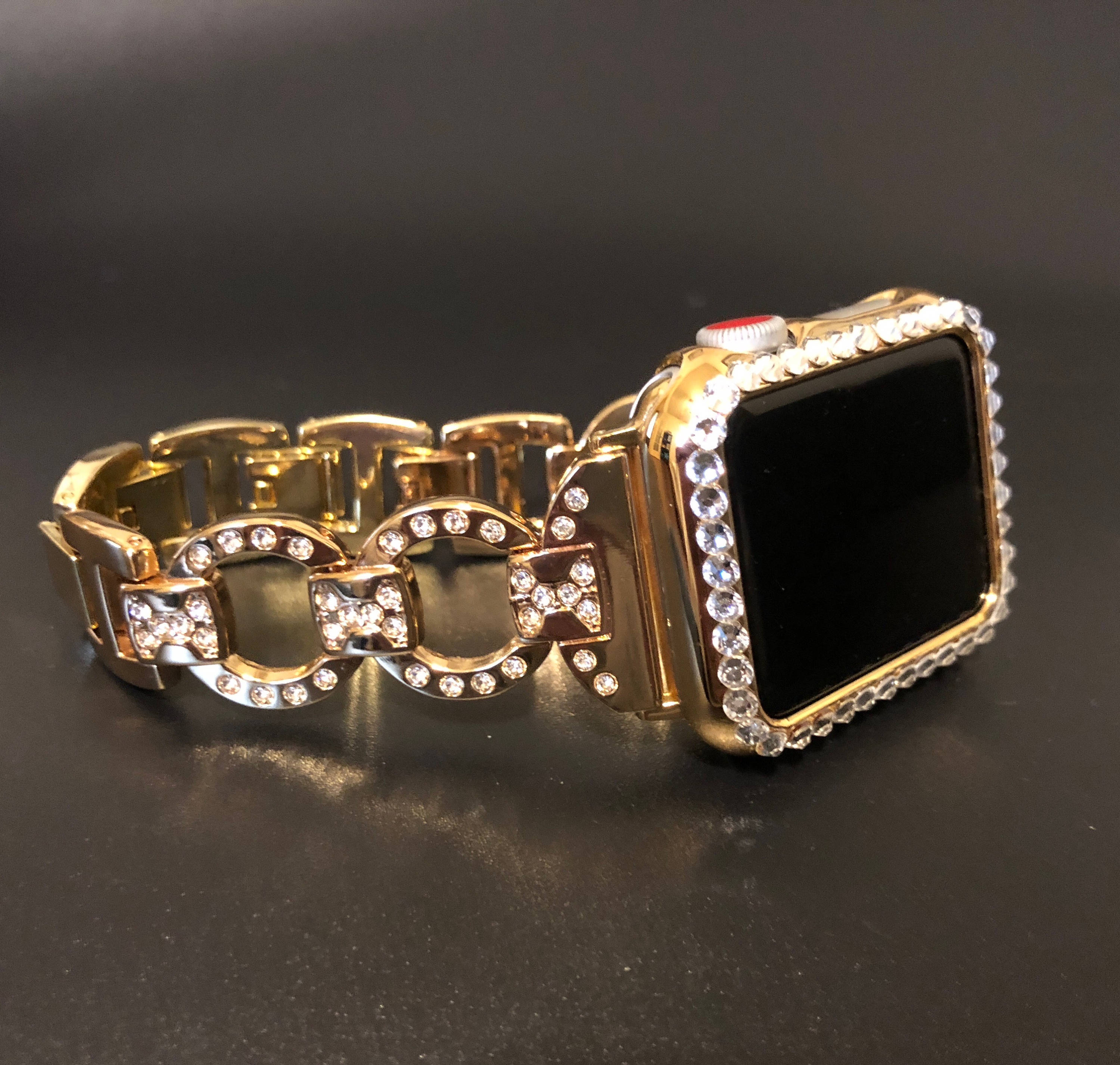 Apple Watch Band 38mm 42mm Series 1,2,3 Women's Gold Rhinestone Cystal Band Crystal 1 Row Case