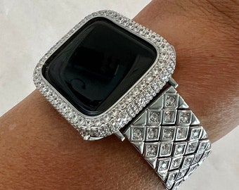 Designer Apple Watch Band Silver  Crystals 38 40 41 42 44 45 49mm Ultra & or Pave Lab Diamond Bezel Cover Smartwatch Bumper