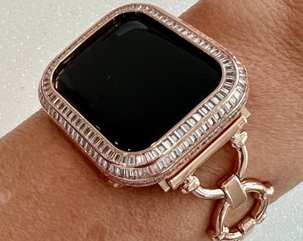 Minimalist Rose Gold Apple Watch Band Womens Bracelet, Iwatch Phone band & or Apple Watch Case Baguette Lab Diamond Bezel Iwatch Cover Gift