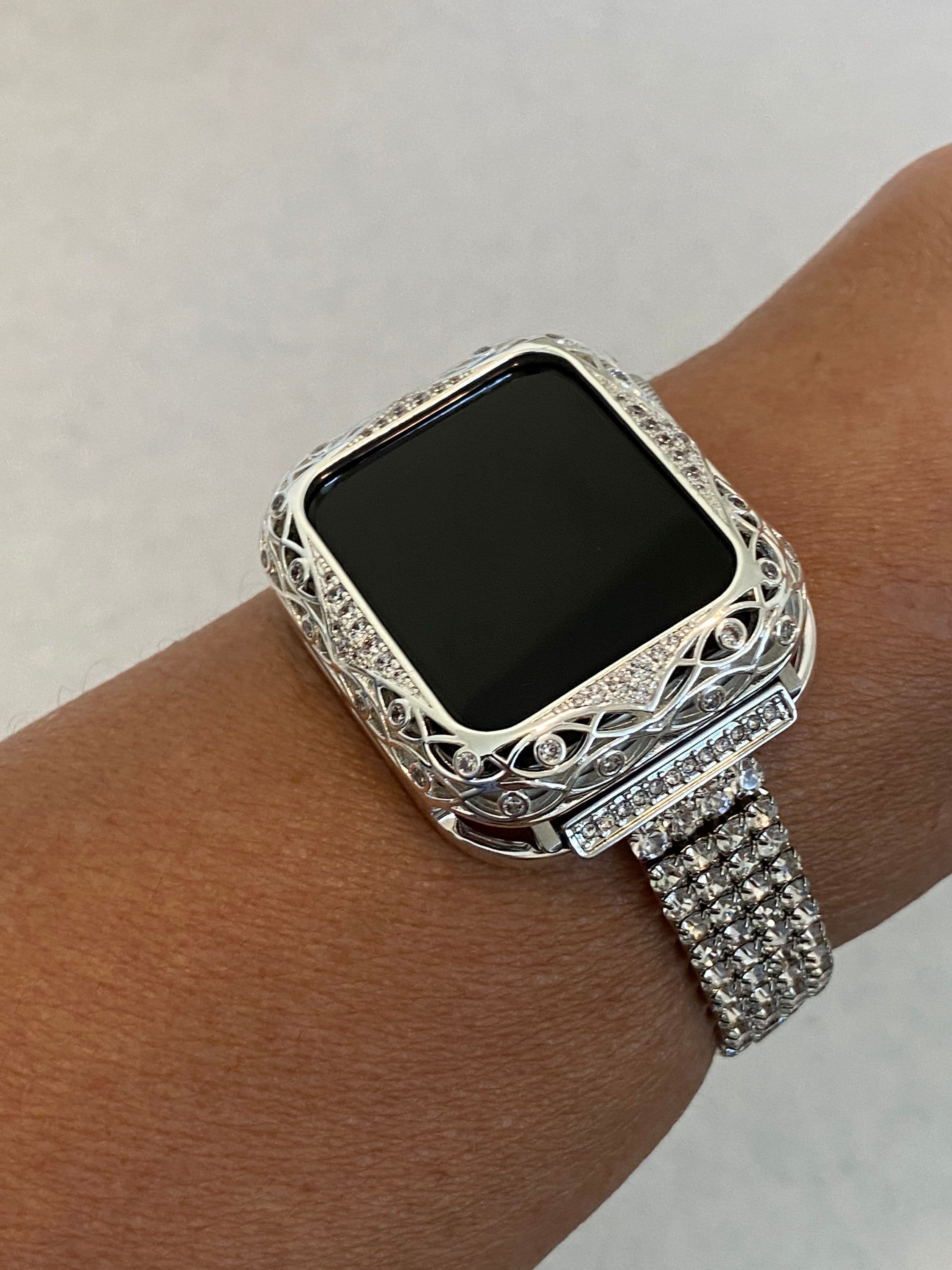 White Gold Apple Watch Band Women's Silver 38mm 40mm 42mm 44mm and or Crystal Iwatch Case sb1