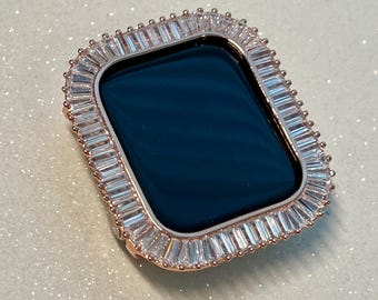 Series 9 Apple Watch Case 41mm 45mm Large Baguettes Lab Diamond Bezel Rose Gold Apple Watch Cover Series 7/8/9 Iwatch Candy Bling Bling