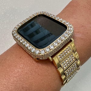 Gold Apple Watch Band Mens Women Stainless Steel Swarovski Crystal & or Apple Watch Cover Large 3.5mm Lab Diamond Iphone Watch Face
