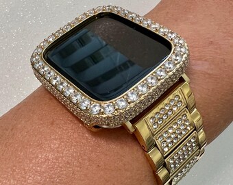 Gold Apple Watch Band Mens Women Stainless Steel Swarovski Crystal & or Apple Watch Cover Large 3.5mm Lab Diamond Iphone Watch Face