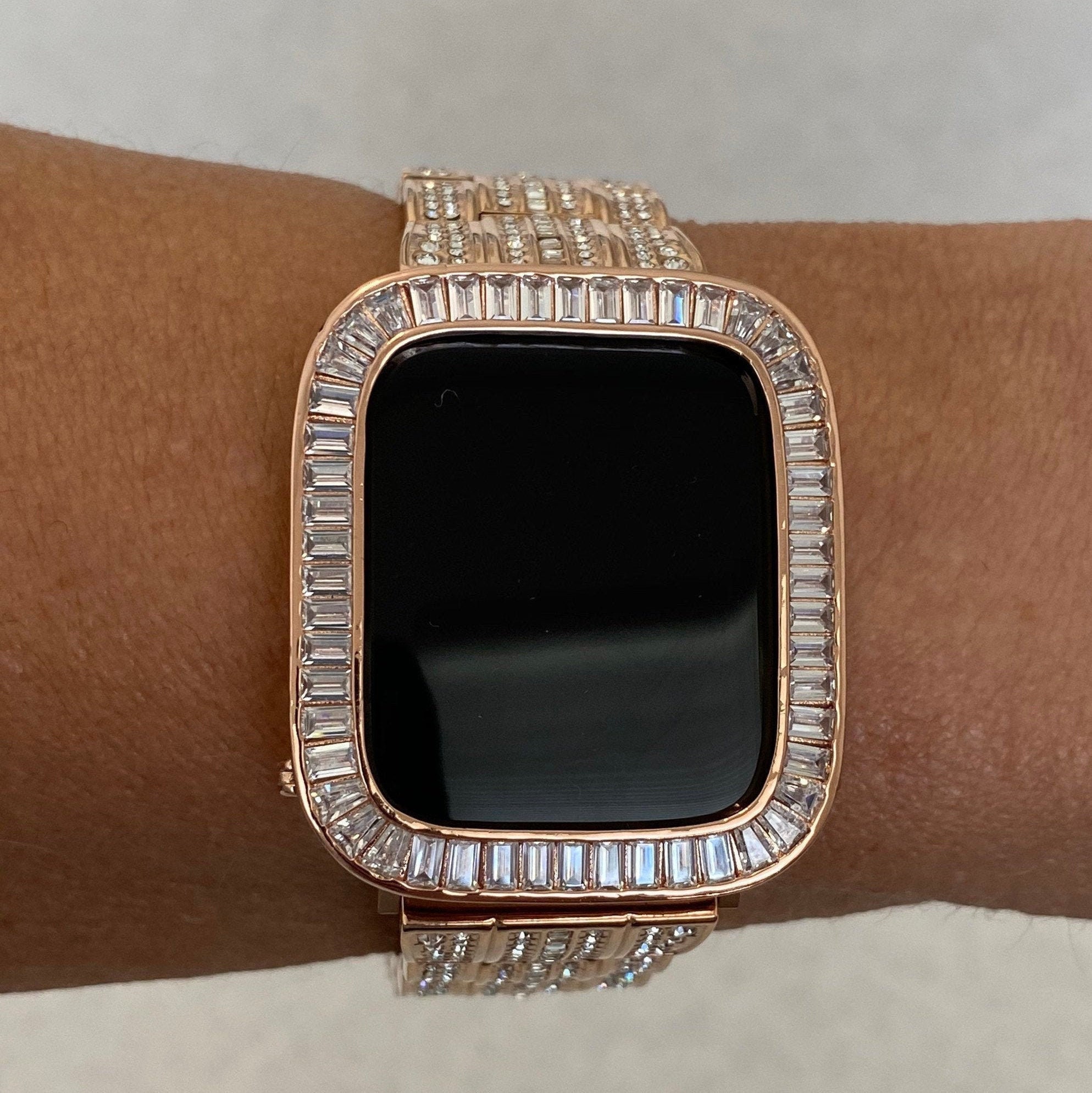 Rose Gold Apple Watch Case Lab Diamond Bezel Baguette Apple Watch Cover Smartwatch Bumper Bling Series 1 8 SE 38mm 40mm 41mm 42mm 44mm 45mm