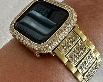 Gold Apple Watch Band Stainless Steel Swarovski Crystals & or Apple Watch Cover Lab Diamond Bezel Iphone Watch Case 38mm-49mm Ultra Bling