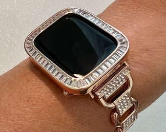 Apple Watch Band Women 38mm 40mm 41mm 42mm 44mm 45mm Rose Gold  Crystal & or Apple Watch Cover Baguette Lab Diamond Apple Watch