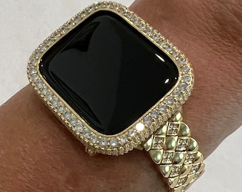 Gold Apple Watch Band 41mm 45mm 49mm Ultra Swarovski Crystals & or Apple Watch Cover Lab Diamond Bezel Case Smartwatch Bling 38mm-49mm