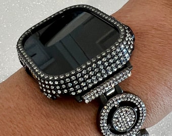 Ultra Apple Watch Band 49mm Black Pave  Crystals & or Apple Watch Cover Case Smartwatch Bumper Bling Series 9 Iwatch Candy