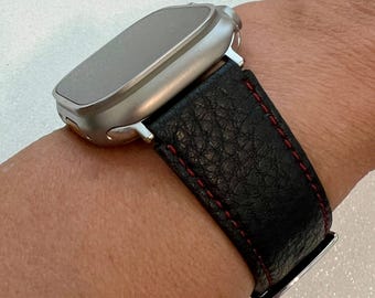 Series 10 Black Leather Apple Watch Band 42mm 46mm 49mm Ultra - Apple Watch Straps Red Stitching for Iphone Watch 44mm 45mm