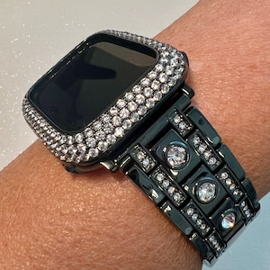 Apple Watch Band Black Swarovski Crystals Stainless Steel & or Apple Watch Cover Lab Diamond Bezel Apple Watch Case 38mm-49mm Series 10- 11