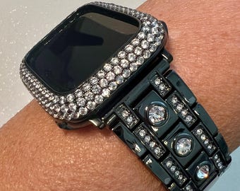 Apple Watch Band Black Swarovski Crystals Stainless Steel & or Apple Watch Cover Lab Diamond Bezel Apple Watch Case 38mm-49mm Series 10