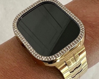 Ultra Apple Watch Band 49mm Gold Stainless Steel Band & or Apple Watch Case Protective Iphone Watch Cover Smartwatch Bling