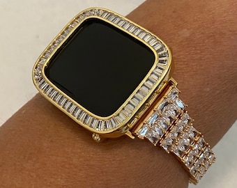 Gold Apple Watch Band Women 38 40 41 42 44 45mm  Crystals & or Bezel Cover Lab Diamonds Series 2-9 SE