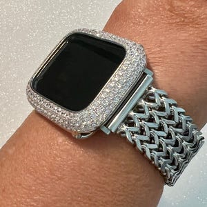 Silver Apple Watch Band Stainless Steel Womens Iphone Watch Bracelet & or Apple Watch Case Lab Diamond Bezel 38mm-49mm Ultra Iwatch Candy