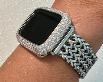 Silver Apple Watch Band Stainless Steel Womens Iphone Watch Bracelet & or Apple Watch Case Lab Diamond Bezel 38mm-49mm Ultra Iwatch Candy