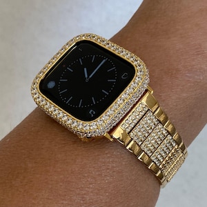 Yellow Gold Apple Watch Band Swarovski Crystals 41mm 45mm 49mm Ultra & or Apple Watch Cover Lab Diamond Bezel 38mm-49mm Series 10